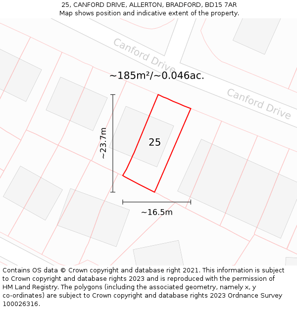 25, CANFORD DRIVE, ALLERTON, BRADFORD, BD15 7AR: Plot and title map