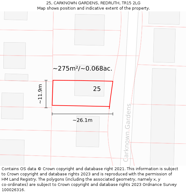 25, CARKNOWN GARDENS, REDRUTH, TR15 2LG: Plot and title map