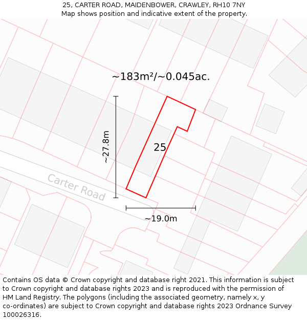 25, CARTER ROAD, MAIDENBOWER, CRAWLEY, RH10 7NY: Plot and title map