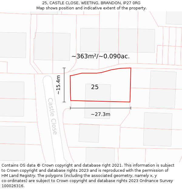 25, CASTLE CLOSE, WEETING, BRANDON, IP27 0RG: Plot and title map