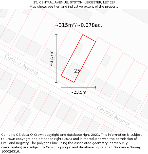 25, CENTRAL AVENUE, SYSTON, LEICESTER, LE7 2EF: Plot and title map