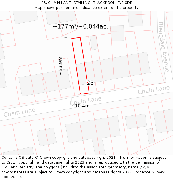 25, CHAIN LANE, STAINING, BLACKPOOL, FY3 0DB: Plot and title map