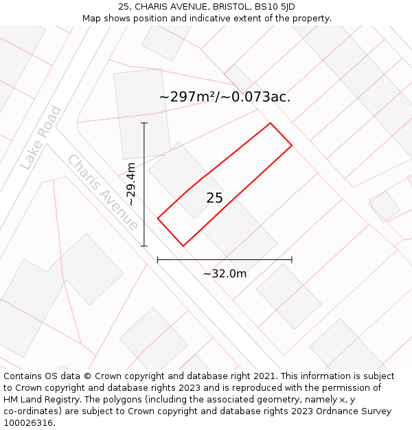 25, CHARIS AVENUE, BRISTOL, BS10 5JD: Plot and title map