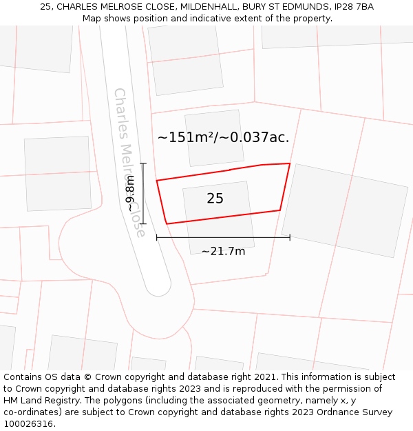 25, CHARLES MELROSE CLOSE, MILDENHALL, BURY ST EDMUNDS, IP28 7BA: Plot and title map