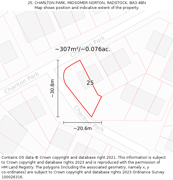 25, CHARLTON PARK, MIDSOMER NORTON, RADSTOCK, BA3 4BN: Plot and title map