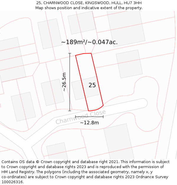 25, CHARNWOOD CLOSE, KINGSWOOD, HULL, HU7 3HH: Plot and title map