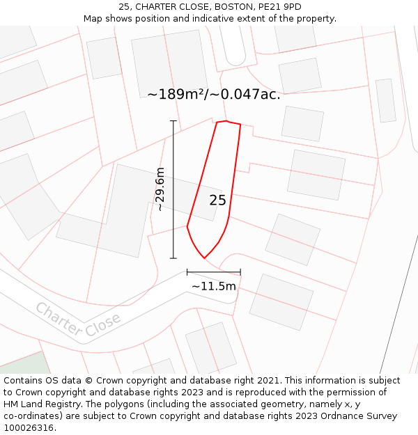 25, CHARTER CLOSE, BOSTON, PE21 9PD: Plot and title map