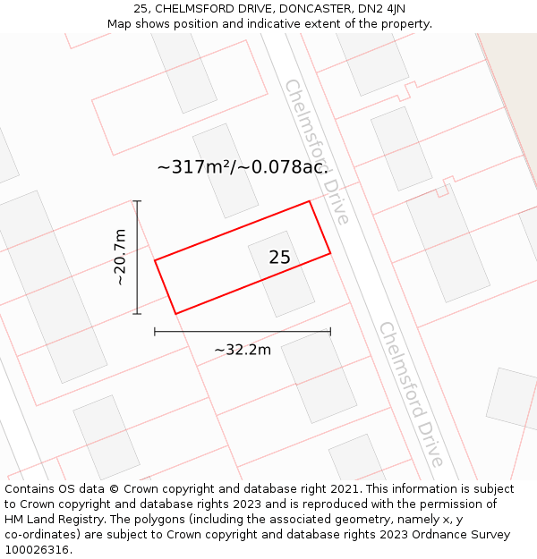 25, CHELMSFORD DRIVE, DONCASTER, DN2 4JN: Plot and title map