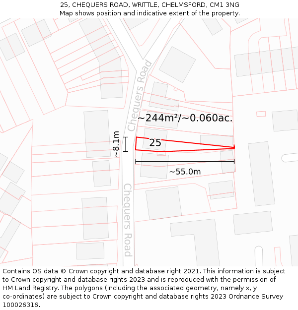 25, CHEQUERS ROAD, WRITTLE, CHELMSFORD, CM1 3NG: Plot and title map