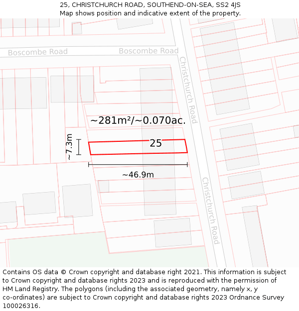 25, CHRISTCHURCH ROAD, SOUTHEND-ON-SEA, SS2 4JS: Plot and title map