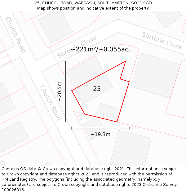 25, CHURCH ROAD, WARSASH, SOUTHAMPTON, SO31 9GD: Plot and title map