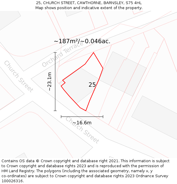 25, CHURCH STREET, CAWTHORNE, BARNSLEY, S75 4HL: Plot and title map