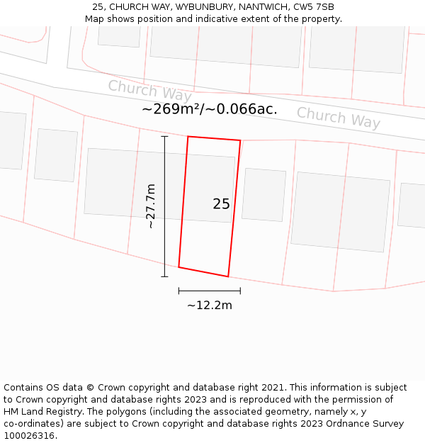 25, CHURCH WAY, WYBUNBURY, NANTWICH, CW5 7SB: Plot and title map