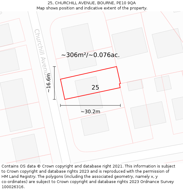 25, CHURCHILL AVENUE, BOURNE, PE10 9QA: Plot and title map