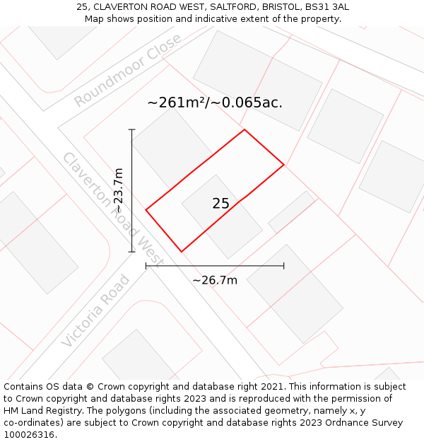 25, CLAVERTON ROAD WEST, SALTFORD, BRISTOL, BS31 3AL: Plot and title map