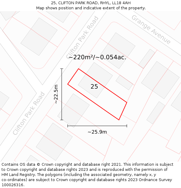 25, CLIFTON PARK ROAD, RHYL, LL18 4AH: Plot and title map