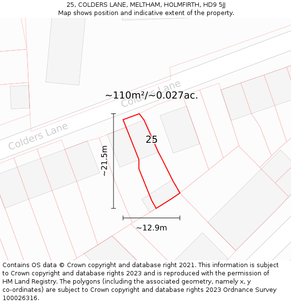 25, COLDERS LANE, MELTHAM, HOLMFIRTH, HD9 5JJ: Plot and title map