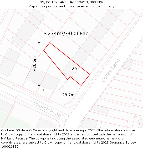 25, COLLEY LANE, HALESOWEN, B63 2TW: Plot and title map