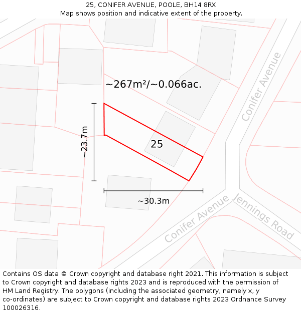 25, CONIFER AVENUE, POOLE, BH14 8RX: Plot and title map