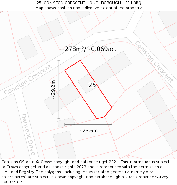 25, CONISTON CRESCENT, LOUGHBOROUGH, LE11 3RQ: Plot and title map