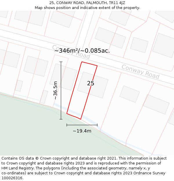 25, CONWAY ROAD, FALMOUTH, TR11 4JZ: Plot and title map