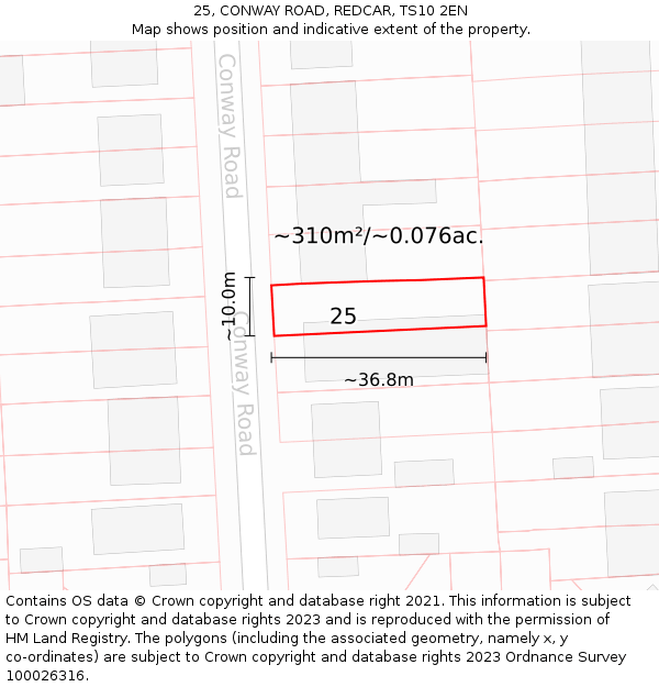 25, CONWAY ROAD, REDCAR, TS10 2EN: Plot and title map