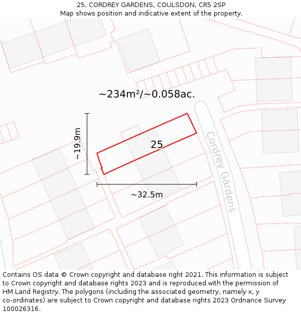 25, CORDREY GARDENS, COULSDON, CR5 2SP: Plot and title map