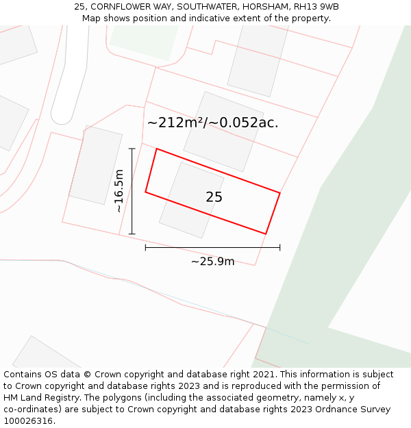 25, CORNFLOWER WAY, SOUTHWATER, HORSHAM, RH13 9WB: Plot and title map