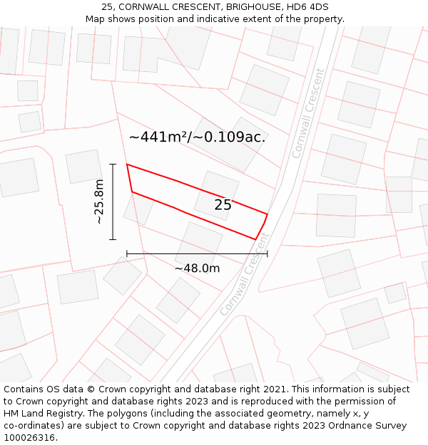 25, CORNWALL CRESCENT, BRIGHOUSE, HD6 4DS: Plot and title map