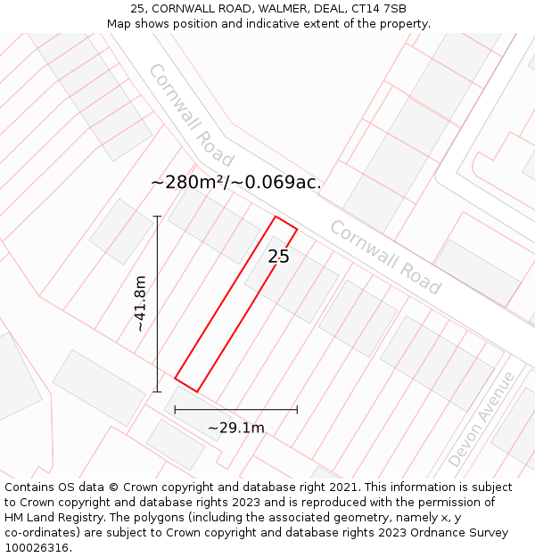 25, CORNWALL ROAD, WALMER, DEAL, CT14 7SB: Plot and title map