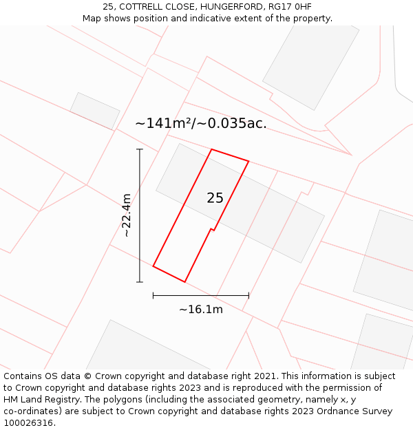 25, COTTRELL CLOSE, HUNGERFORD, RG17 0HF: Plot and title map