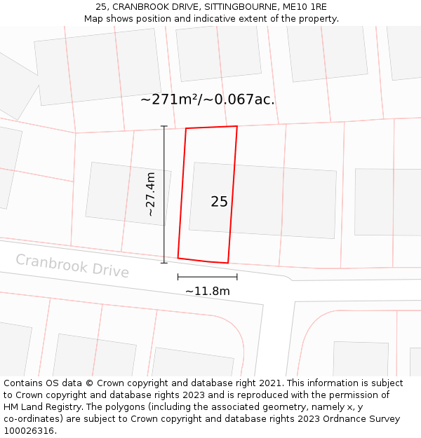 25, CRANBROOK DRIVE, SITTINGBOURNE, ME10 1RE: Plot and title map