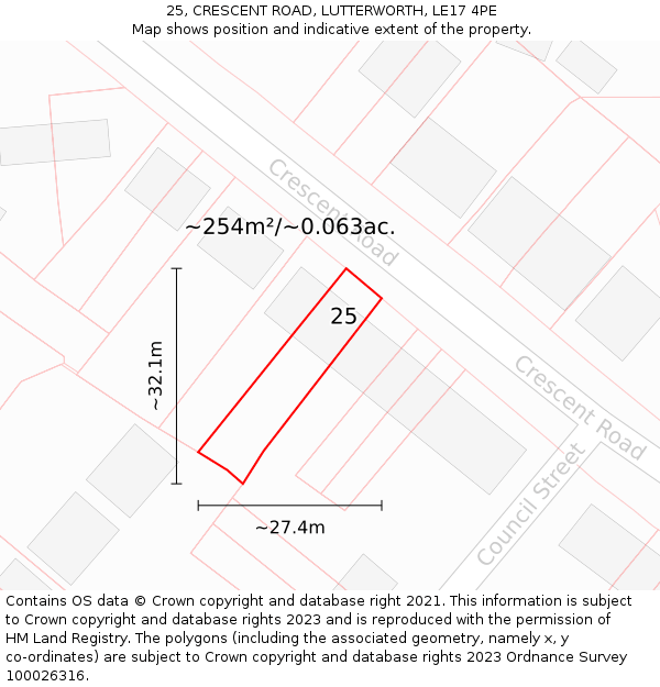 25, CRESCENT ROAD, LUTTERWORTH, LE17 4PE: Plot and title map