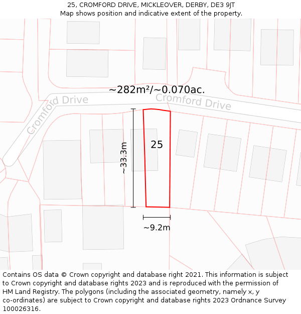 25, CROMFORD DRIVE, MICKLEOVER, DERBY, DE3 9JT: Plot and title map