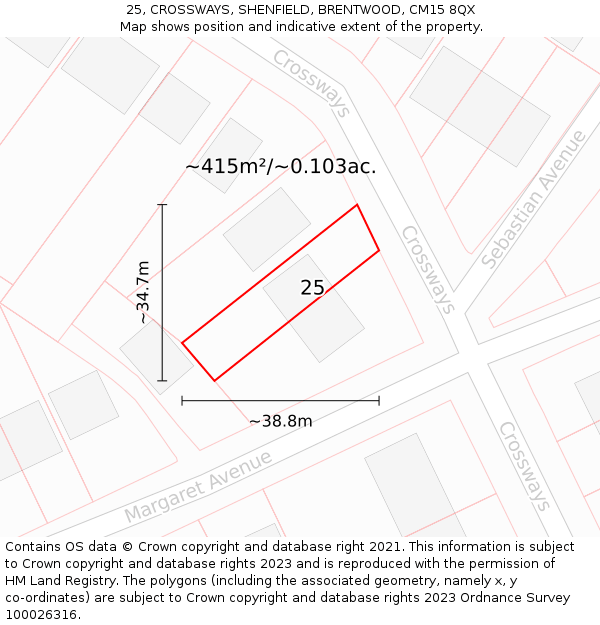 25, CROSSWAYS, SHENFIELD, BRENTWOOD, CM15 8QX: Plot and title map