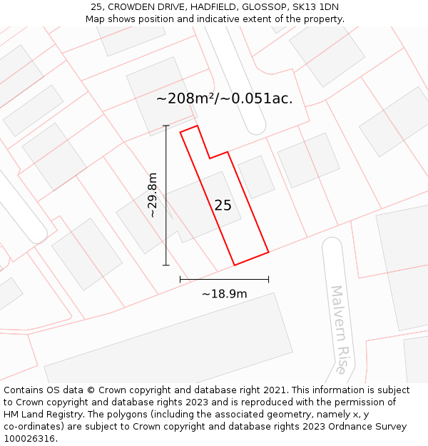 25, CROWDEN DRIVE, HADFIELD, GLOSSOP, SK13 1DN: Plot and title map