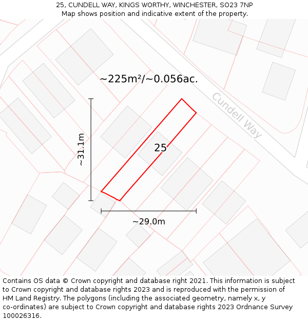 25, CUNDELL WAY, KINGS WORTHY, WINCHESTER, SO23 7NP: Plot and title map