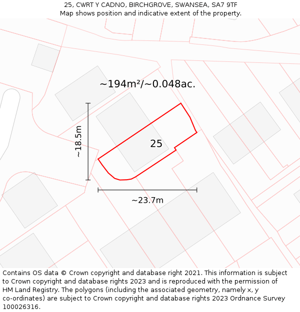 25, CWRT Y CADNO, BIRCHGROVE, SWANSEA, SA7 9TF: Plot and title map