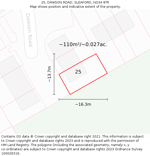 25, DAWSON ROAD, SLEAFORD, NG34 8TR: Plot and title map