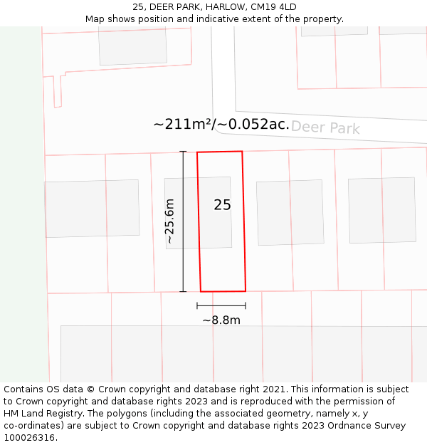 25, DEER PARK, HARLOW, CM19 4LD: Plot and title map