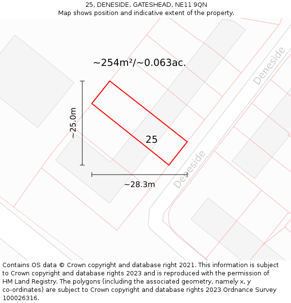 25, DENESIDE, GATESHEAD, NE11 9QN: Plot and title map