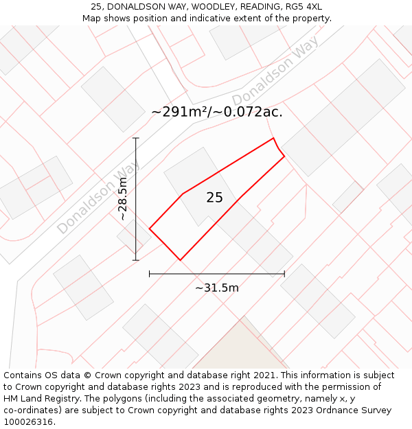 25, DONALDSON WAY, WOODLEY, READING, RG5 4XL: Plot and title map