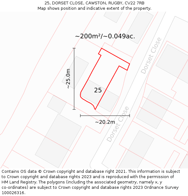 25, DORSET CLOSE, CAWSTON, RUGBY, CV22 7RB: Plot and title map