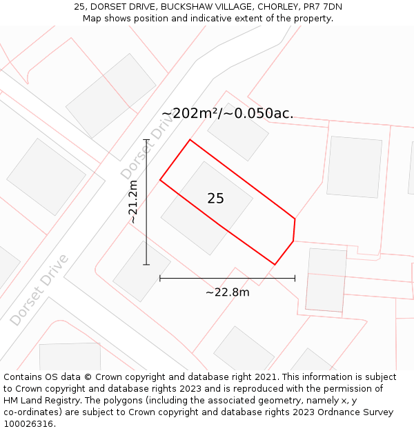 25, DORSET DRIVE, BUCKSHAW VILLAGE, CHORLEY, PR7 7DN: Plot and title map