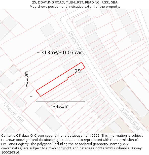 25, DOWNING ROAD, TILEHURST, READING, RG31 5BA: Plot and title map