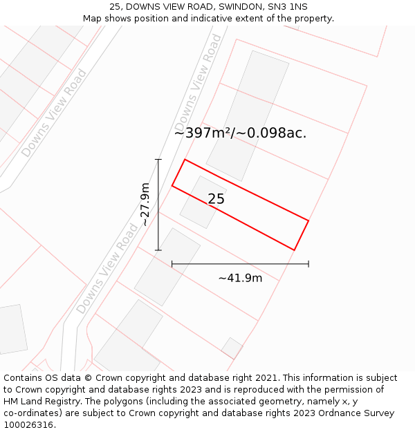 25, DOWNS VIEW ROAD, SWINDON, SN3 1NS: Plot and title map