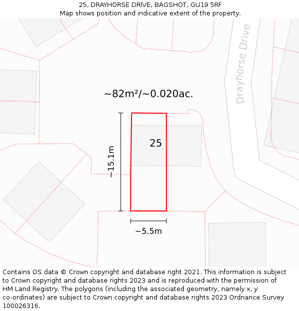 25, DRAYHORSE DRIVE, BAGSHOT, GU19 5RF: Plot and title map