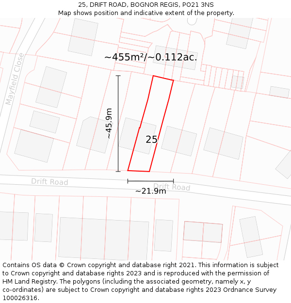 25, DRIFT ROAD, BOGNOR REGIS, PO21 3NS: Plot and title map