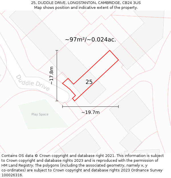 25, DUDDLE DRIVE, LONGSTANTON, CAMBRIDGE, CB24 3US: Plot and title map