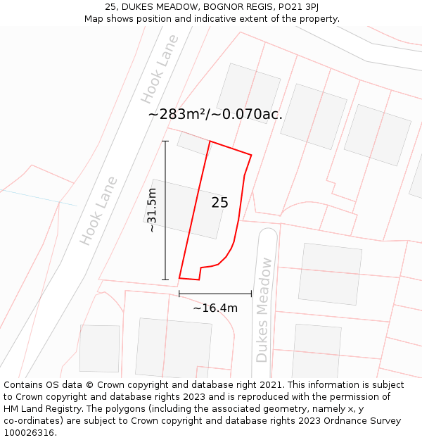 25, DUKES MEADOW, BOGNOR REGIS, PO21 3PJ: Plot and title map